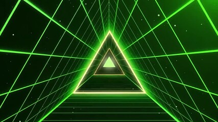 Wall Mural - Abstract green neon triangle tunnel with glowing lines and a grid pattern.