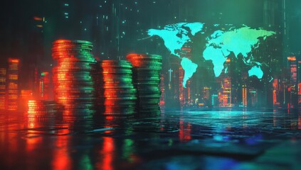 Poster - Stacks of Coins With Global Map in Background