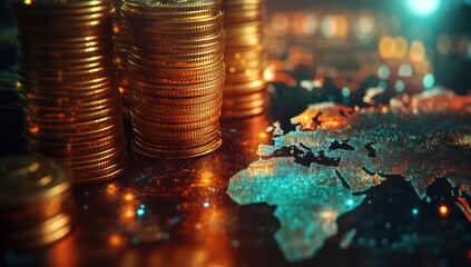Poster - Stacks of Gold Coins on World Map Background
