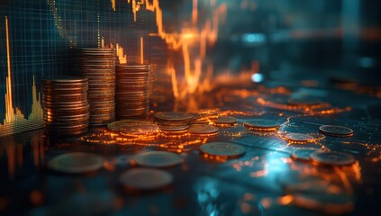 Poster - Stacks of Coins with Glowing Financial Graph Display