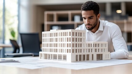 Aufkleber - Architect Reviewing a Scale Model of a Modern Building