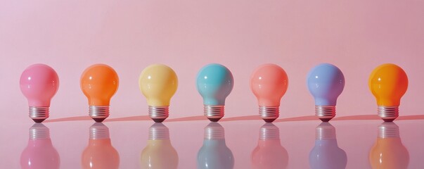 Aufkleber - Colorful light bulbs in a row against pink background, creative expression concept