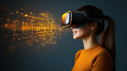 Poster - Woman Experiencing Virtual Reality with a Golden Glow