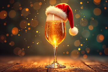 Champagne glass with a Santa hat on top, set against a blurred background of bokeh lights and a wooden surface.