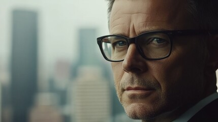 Poster - Close-up Portrait of a Man Wearing Glasses and Looking Pensively