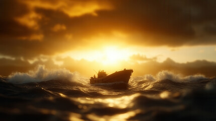 Wall Mural - small fishing boat navigates through turbulent waves under dramatic sunset sky, creating sense of ad