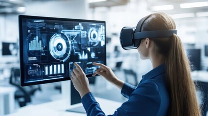 Poster - Woman in VR Headset Interacting with Digital Interface on Computer Screen