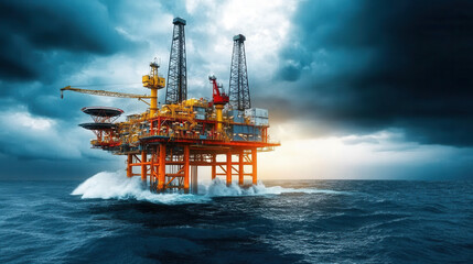 Wall Mural - oil rig towering over ocean waves, with dramatic clouds and sunlight breaking through, creating powe