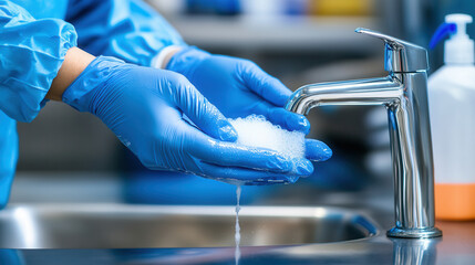 technician in blue protective suit is washing their hands under faucet, creating foam with soap. scene emphasizes hygiene and safety in clean environment