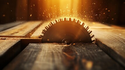 Poster - Closeup of a spinning saw blade cutting through wood with sawdust flying.