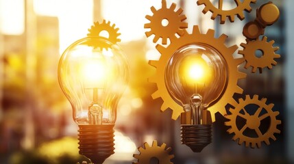 Aufkleber - Illuminated Lightbulbs Intertwined with Golden Gears