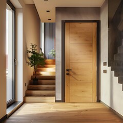 Interior of modern house, wooden staircase, view from the hallway