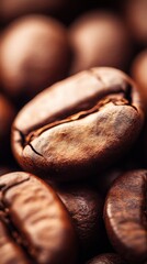 Close-up of roasted coffee beans with a focus on a single bean in the center, highlighting its texture, color, and shape.