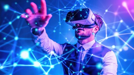 Poster - Man wearing a VR headset reaching out into a digital network