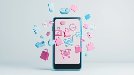 Abstract 3D model of a smartphone with exploding icons of shopping, discounts and digital payment solutions, pastel theme