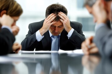 A group of business workers collaborating around a table, one person visibly stressed, hands on head