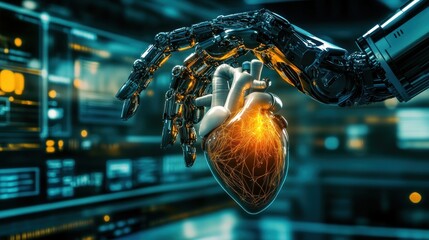 Poster - A robotic hand holding a glowing human heart
