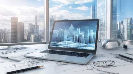 Aufkleber - Architectural Design of a Modern City on a Laptop Screen