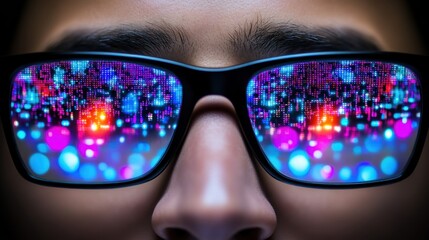 Aufkleber - Close-up of a Person Wearing Glasses with Colorful Lights Reflecting in the Lenses