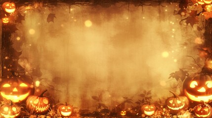 A festive Halloween-themed background with glowing pumpkins and autumn leaves.