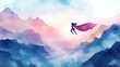 © logyartstudios - A woman in a red cape flying over a mountain range with a sunset in the background.