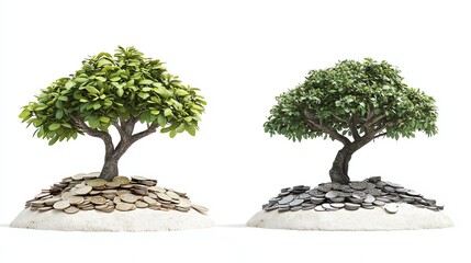 Two miniature trees on stone bases, white isolated background.