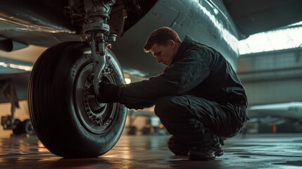 A detailed view of an aviation technician inspecting the aircraft undercarriage during a pre-flight safety check