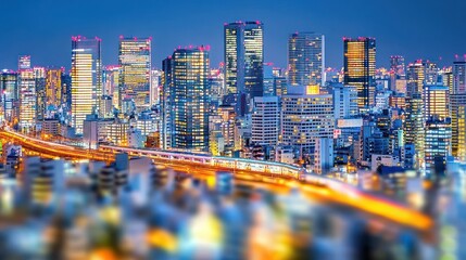 Poster - Illuminated Skyscrapers and Highway in a City at Night