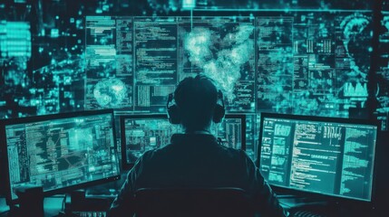 Fototapete - Hacker Silhouetted Against Multiple Screens Displaying Code and Data