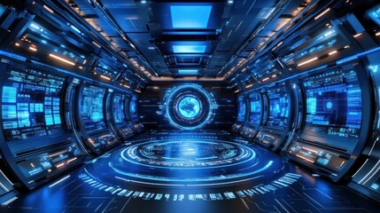 Poster - Futuristic Interior with Glowing Blue Interfaces and a Holographic Earth