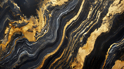 Abstract gold and black marble texture with flowing streaks.