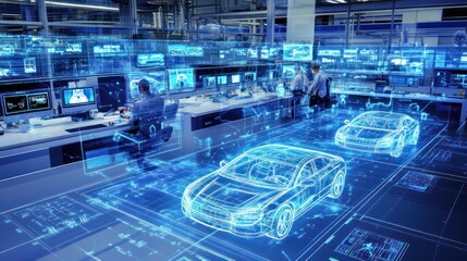 Aufkleber - Holographic Projection of a Car in a Modern Office