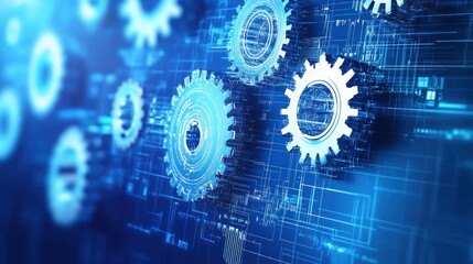 Aufkleber - interlocking gears on a digital blue background