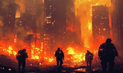 Wall Mural - Silhouetted figures in a burning city.