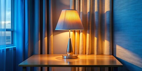 A table lamp illuminated with a warm light casts a soft glow on the wooden table, creating a cozy ambiance against the backdrop of textured curtains in a contrasting shade of blue.