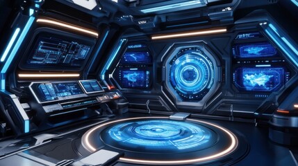 Aufkleber - Futuristic spaceship interior with glowing blue screens and a circular platform