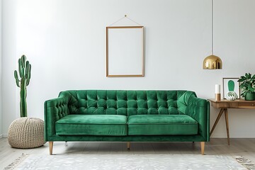 Wall Mural - Interior of modern living room with green sofa and mock up poster frame