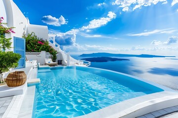 Swimming pool on terrace of luxury house, Santorini island, Greece