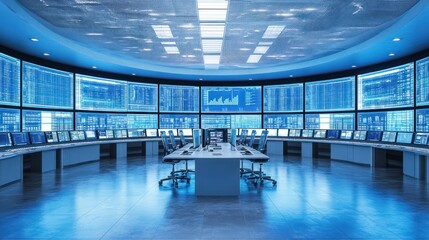 Fototapete - Modern Control Room with Numerous Blue Screens Displaying Data and Charts