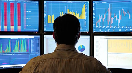 Poster - A specialist operator working in a data center, sitting at a desk in front of numerous monitors with charts and data, managing server performance.