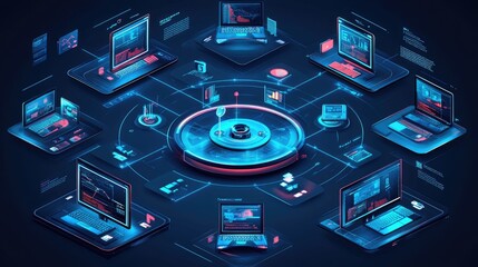 Poster - A system integration concept showing a network of interconnected devices, software, and data points symbolizing unified IT processes.