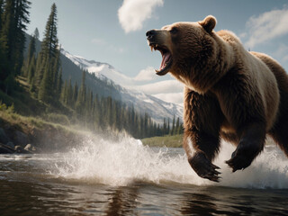 grizzly bear in action. ai generative