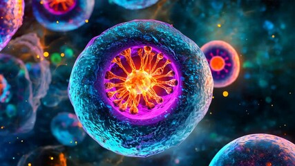 Poster - A vibrant illustration of the cell division process in a eukaryotic cell, highlighting the stages of mitosis with detailed visual elements	
