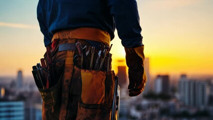 Poster - Close-up of construction workers hands holding tools and materials with a blurred city skyline in the background	
