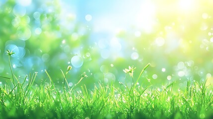 Poster - A serene scene of lush green grass illuminated by soft sunlight, creating a peaceful, refreshing atmosphere.