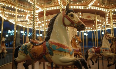 Carousel horse with ornate details under lights.