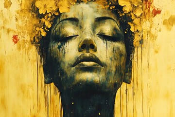 Woman Crying Watercolor Dripping Paint. A stunning decorative featuring a serene face entwined with intricate floral patterns and golden accents.