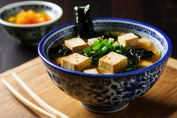 a close up of a bowl of miso soup