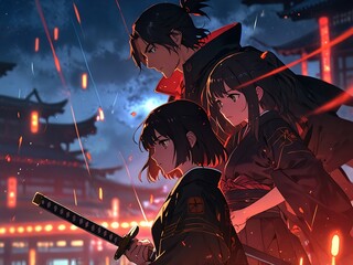 Anime boy and girl in samurai uniform style with vertical background action-oriented anime wallpaper
