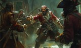 Three pirates fighting with swords.